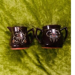 Vintage Japanese Ceramic Creamer & Sugar‎ Set Brown Floral Hand Painted